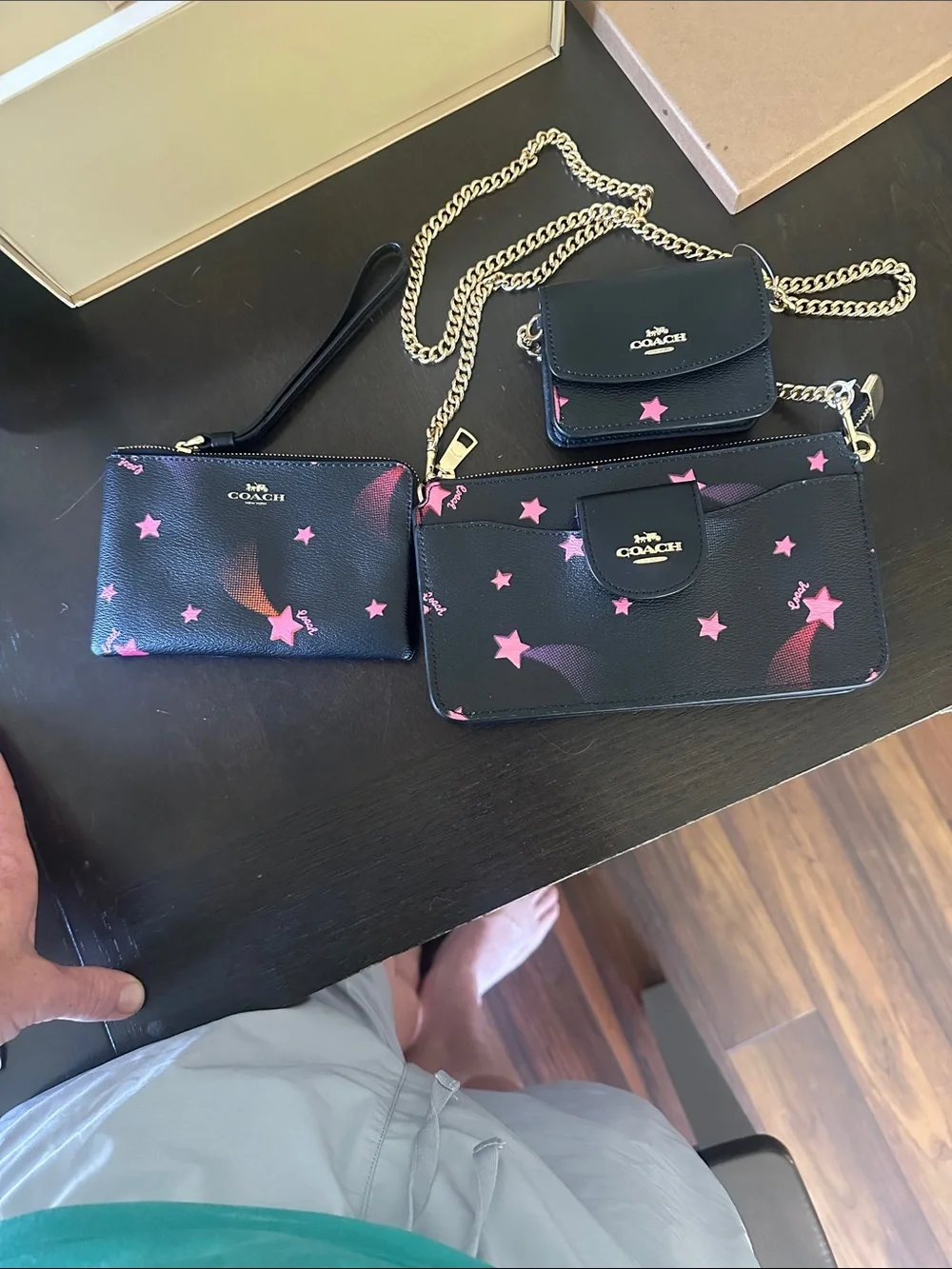 Coach Black Leather Star-Print Multi-Pouch Crossbody with Gold Chain